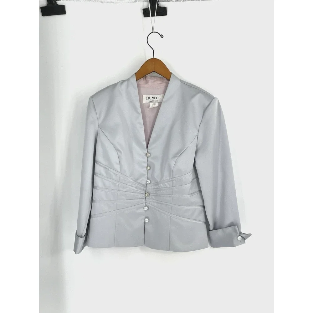 Vtg J.R. Nites by Caliendo Gray Satin Skirt Rhinestone Jacket Y2K‎ Size 12 USA
